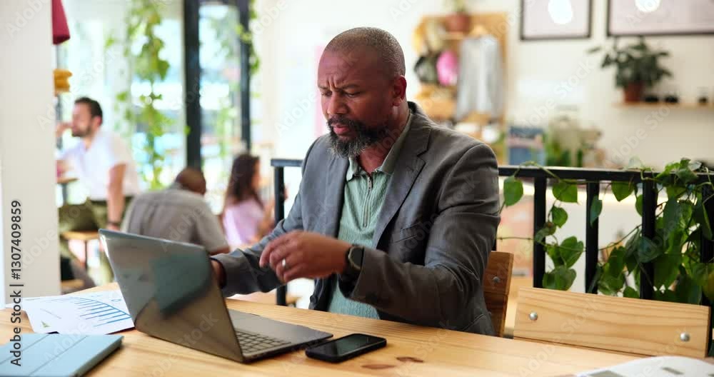 Poster businessman, laptop and thinking with documents at cafe for business analytics, performance or updat