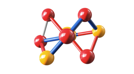 Model of a molecular structure with red, yellow, and blue atoms illustrating chemical bonding in a science project,cut out 