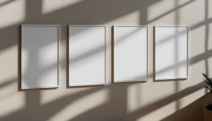 Four framed prints on beige wall