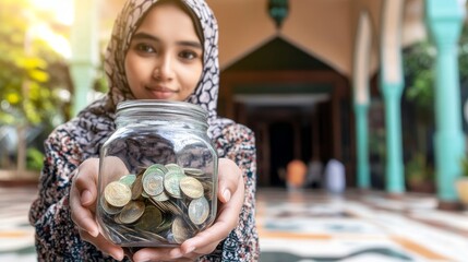 Young Woman in Hijab Holding Jar Full of Coins Outdoors
