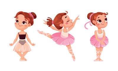 Cute Girl Ballerina in Tutu Skirt and Pointe Shoes Dancing Ballet Vector Set