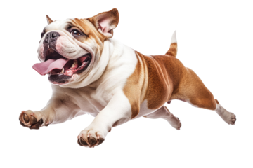 Energetic bulldog leaps joyfully in a playful moment capturing the spirit of companionship indoors