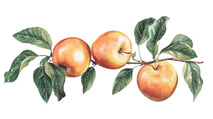 Three ripe apples on a branch with vibrant green leaves captured in fine detail