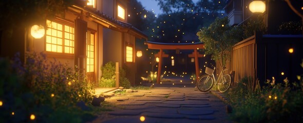 Obraz premium A tranquil Japanese street scene at dusk featuring traditional houses, a bicycle, and soft glowing lights. Concept of peaceful evening ambiance.