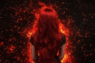 A woman with long red hair standing against a fiery background.