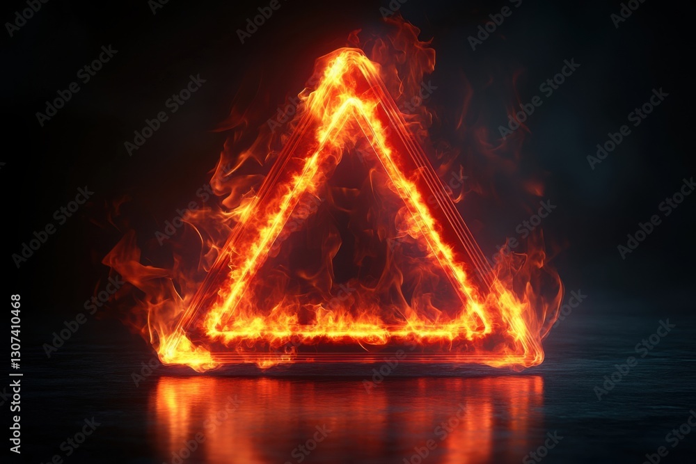 Aufkleber fiery triangle: a vibrant triangle ablaze with intense flames casting reflections on a dark surface 