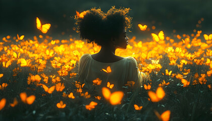 A dreamy portrait of a young woman immersed in a field of golden butterflies