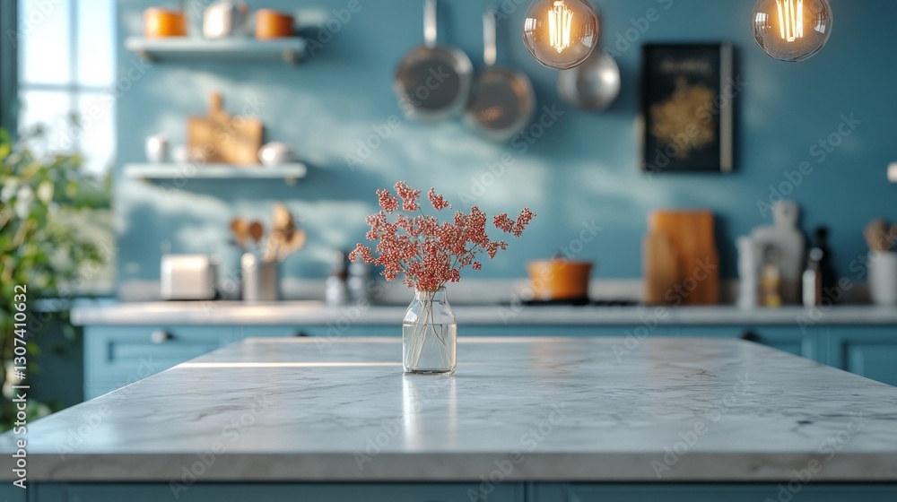 Poster an inviting marble kitchen island stands empty, featuring simple yet elegant design elements. a smal