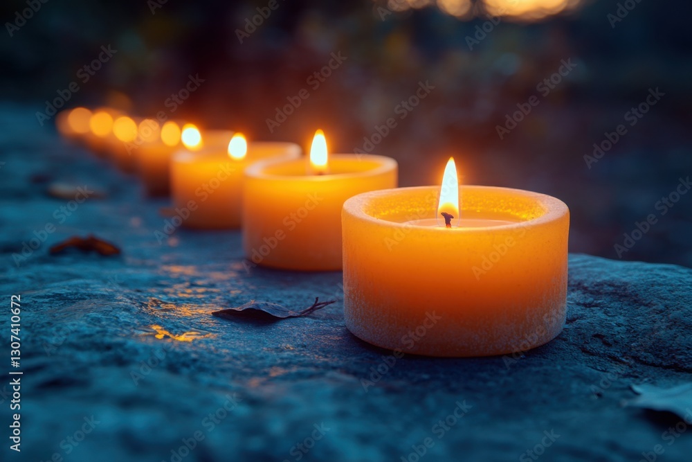 Poster a row of illuminated candles creates a warm inviting ambiance casting soft light in the surrounding 