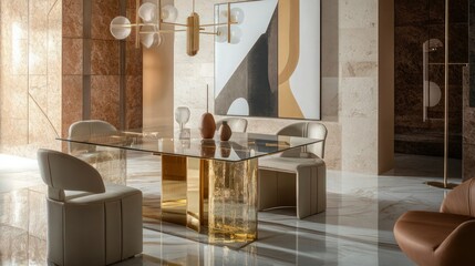 Luxurious modern interior, gold accents, marble floors, reflective surfaces, circular armchairs, minimalist design, geometric patterns, pendant lighting, warm ambient glow, high ceilings