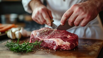 Butcher cuts ribeye while chef works in background