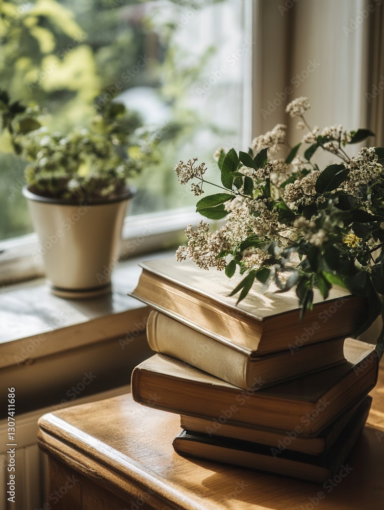 Poster books stacked on a wooden table next to a sunny window with a small pot of plants and flowers in a c