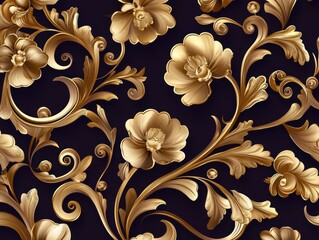 A luxurious floral pattern with intricate golden designs on a dark background, evoking elegance and sophistication.