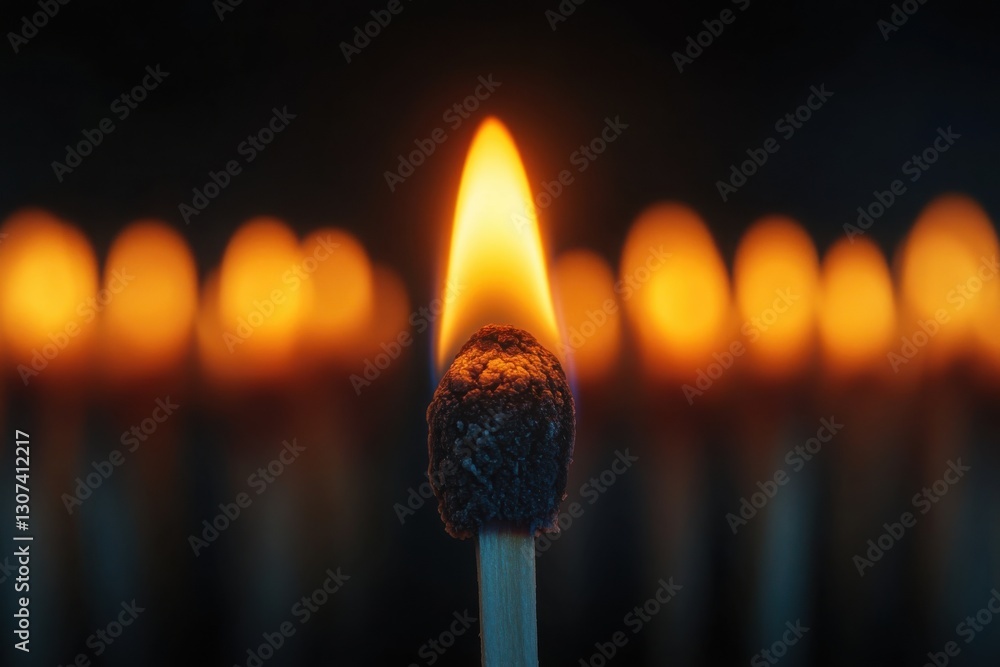 Aufkleber illuminated matchstick with flame set against soft focus backdrop of burning matches creating depth 