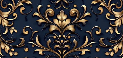 An ornate pattern featuring intricate gold elements on a dark blue backdrop, showcasing elegance and sophistication in design.