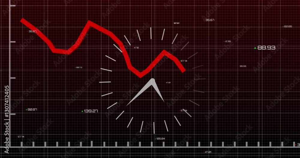 Poster animation of red downward trend line over clock and financial data in background