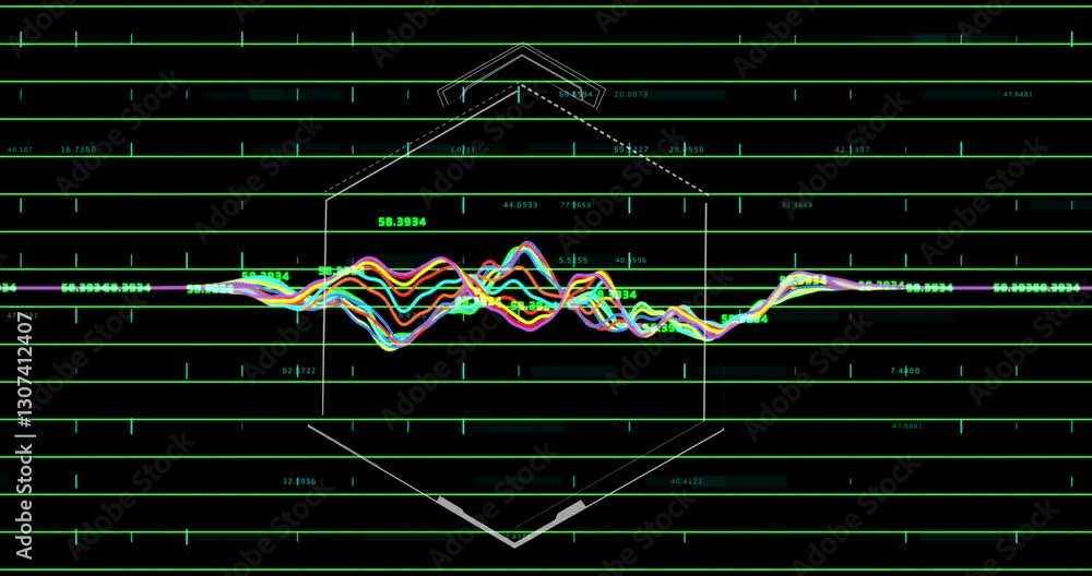 Poster animation of colorful financial graph lines fluctuating on dark grid with hexagonal overlay