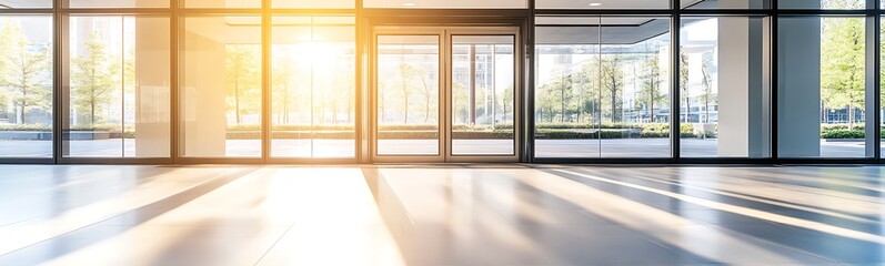 Obraz premium Bright and airy modern office space with large windows and sunlight streaming in.