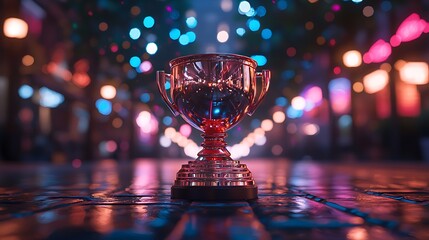 Elegant Trophy Reflecting City Lights Standing on Brick Pavement at Night