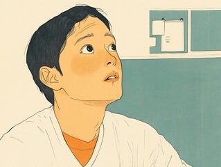there is a drawing of a boy looking up at something