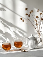 there are two cups of tea and a teapot on a table