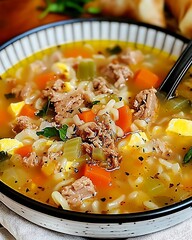 there is a bowl of soup with meat and vegetables in it