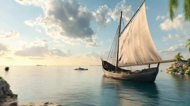 The sailboat glided gracefully across the sparkling blue waters, its white sails billowing in the wind, as the sun set on the horizon, casting a golden glow that danced on the waves and created a sere