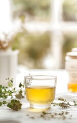there is a glass of tea and a jar of honey on a table