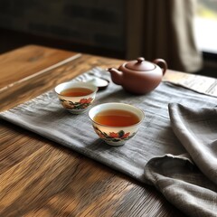 there are two cups of tea on a table with a teapot