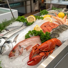 Fresh seafood assortment on ice with fish and lobster. Vibrant display for culinary or seafood stock photos. High-quality image perfect for market, restaurant, or culinary use. AI 