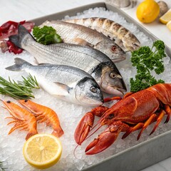 Fresh seafood assortment on ice with fish and lobster. Vibrant display for culinary or seafood stock photos. High-quality image perfect for market, restaurant, or culinary use. AI 