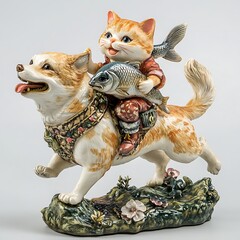 there is a figurine of a cat riding a dog with a fish on its back