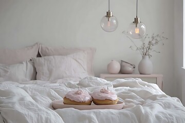 there are two cupcakes on a plate on a bed