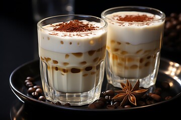 there are two glasses of coffee with different flavors on a plate