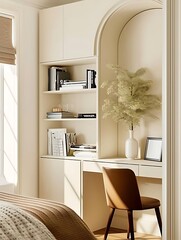 there is a bedroom with a desk and a chair in it