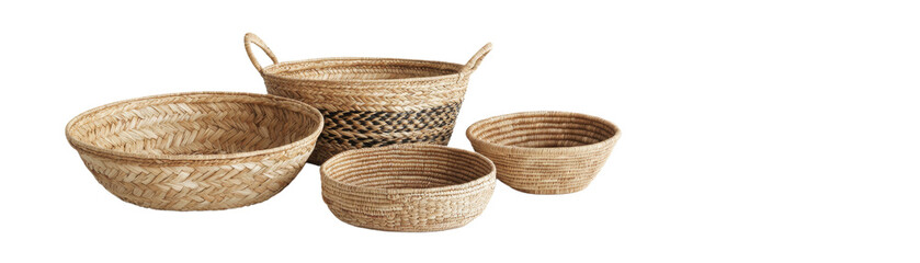 Obraz premium Handcrafted woven baskets of various sizes. A collection of four handwoven natural baskets in different sizes and styles, perfect for home organization, decor, and storage solutions.