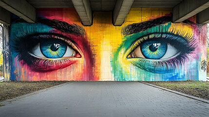 Colorful Eyes Mural Art on Concrete Wall Under Bridge Structure outdoors