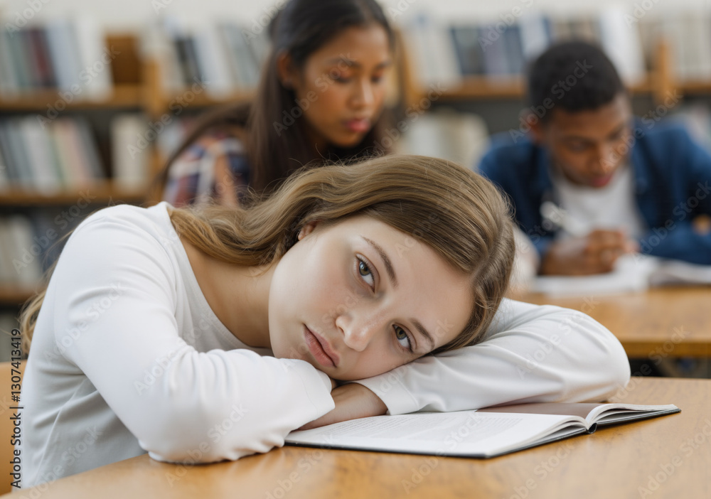Poster exhausted student resting head on textbook in library, classmates studying in background