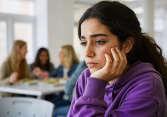 Sad student feeling lonely and excluded, sitting alone in school cafeteria while classmates are socializing