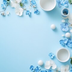 there are two bowls of cream and a few flowers on a blue background
