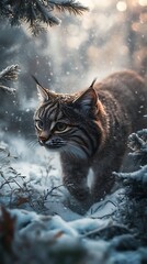 there is a cat walking through the snow in the woods
