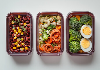 Lunch box with healthy balanced food. Take away transparent container with lentils, broccoli, fresh vegetables and egg.
