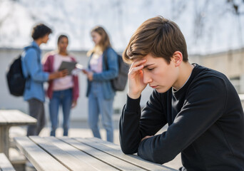 Sad teenager sitting alone at a table while his friends are talking in the background
