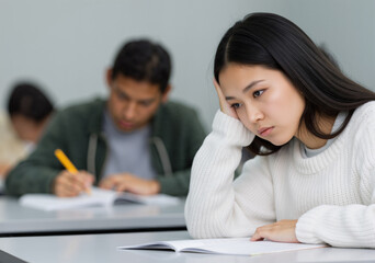 Young asian student looking stressed and tired while taking a university exam, feeling bored and struggling with the questions