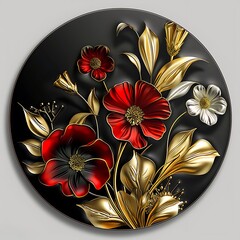 there is a black plate with gold and red flowers on it