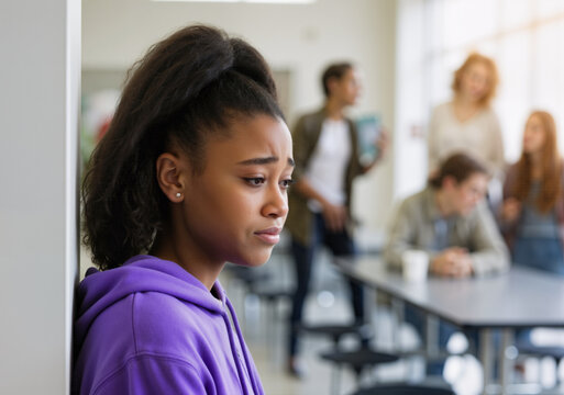 Sad african american student feeling lonely and excluded in high school cafeteria