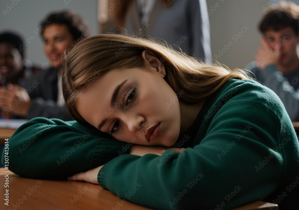 Poster bored student resting her head on the desk during class, while other students and the teacher are ba