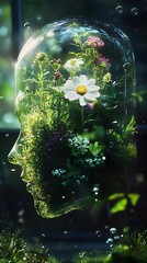 there is a glass head with a flower inside of it
