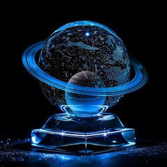 there is a glass sculpture of a planet with a ring around it