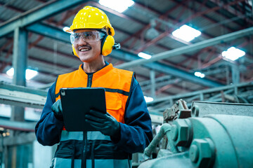 Confident engineer man with safety helmet standing analyzing with tablet in factory warehouse....